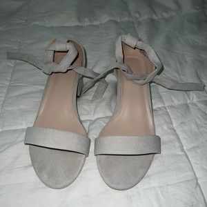 Wide width grey heels that tie around ankle